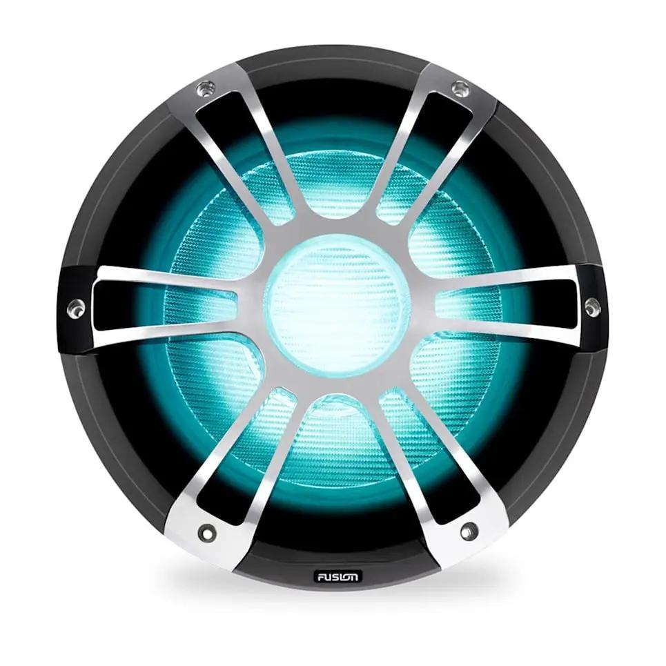 Fusion Garmin marine subwoofer with blue illuminated cone and silver grille spokes