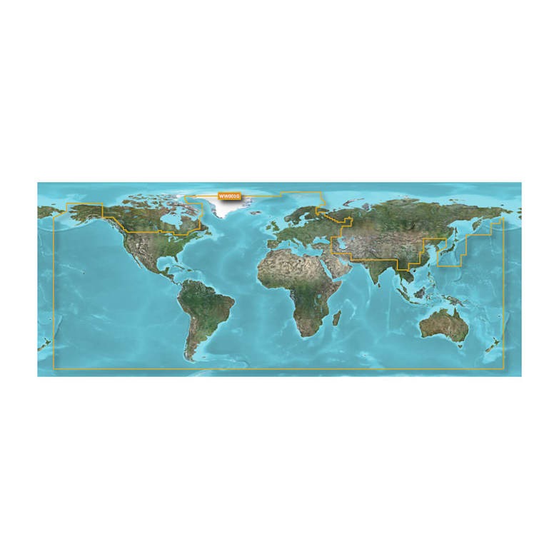 Garmin Worldwide Coastal Charts BlueChart g3 microSD/SD map showing global coastlines with a yellow boundary