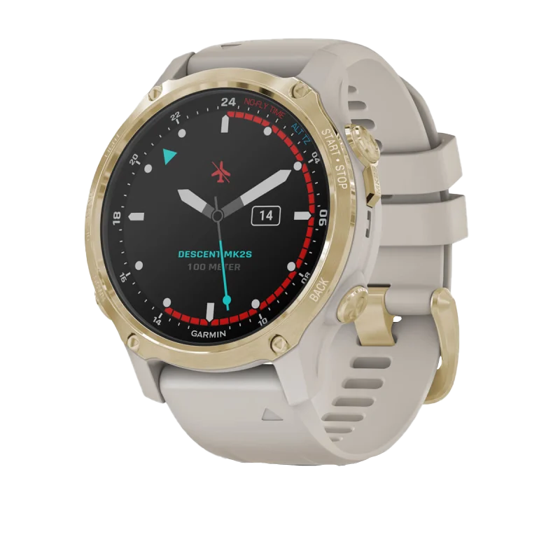 Garmin Descent Mk2S dive computer, light gold bezel with light sand silicone band, certified refurbished