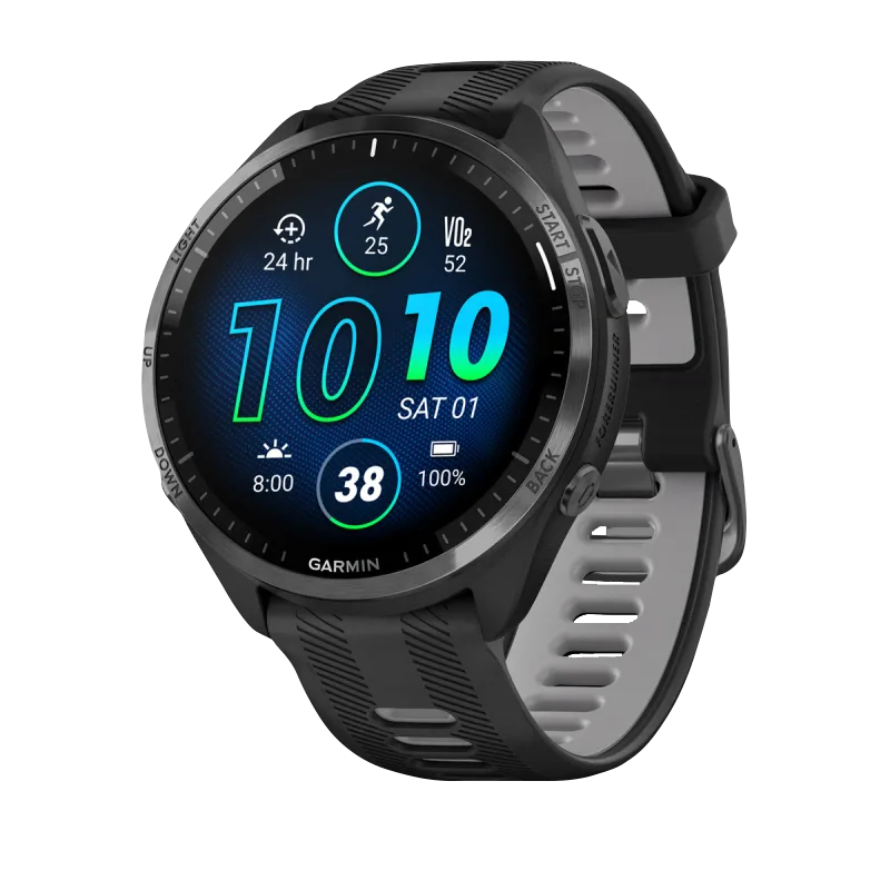 Garmin Forerunner 965 smart watch with carbon gray DLC titanium bezel, black case, and black/powder gray silicone band