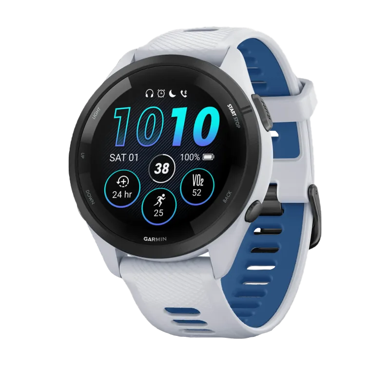 Garmin Forerunner 265 smartwatch, white Whitestone case with black bezel and Whitestone/Tidal Blue silicone band