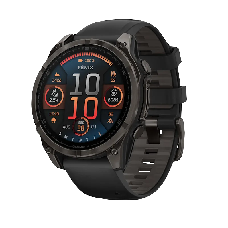 Garmin Fenix 8 smartwatch, 47 mm AMOLED Sapphire, carbon gray DLC titanium case with black/pebble gray silicone band.