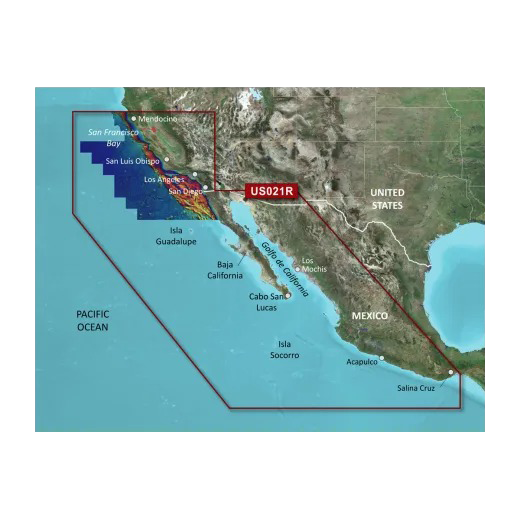 Garmin map card: BlueChart g3 Vision VUS021R coastal charts from Mendocino, CA to Salina Cruz, MX on microSD/SD