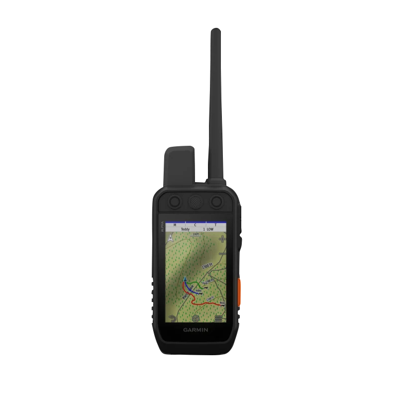 Garmin Alpha 300i handheld dog-tracking device, black with orange side button, rugged case and tall antenna