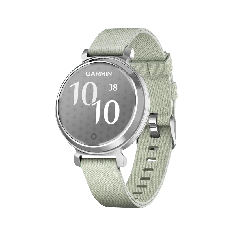 Garmin Lily 2 Classic smartwatch, silver case with sage gray nylon band, certified refurbished