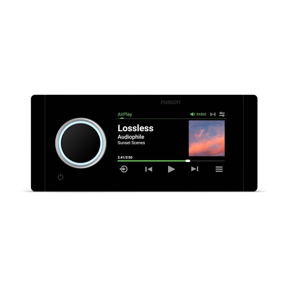 Garmin Fusion Apollo MS-RA800 marine head unit with round blue-ring illuminated knob and display.
