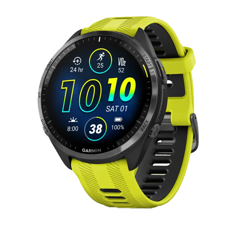 Garmin Forerunner 965 smartwatch with carbon gray DLC titanium bezel and neon yellow silicone band