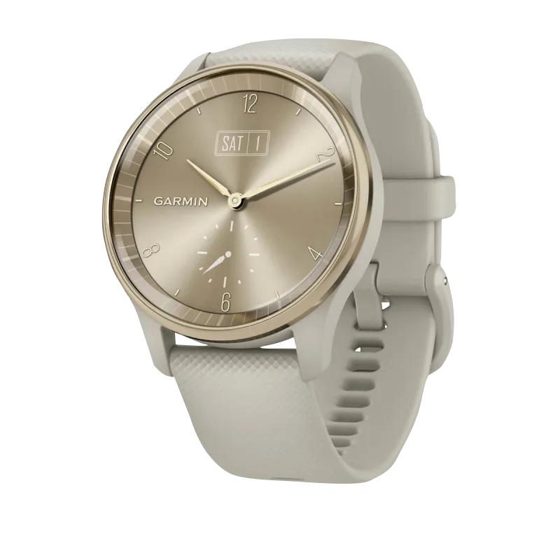 Garmin Vívomove Trend Cream watch with gold bezel, French gray case, silicone band (Certified Refurbished)