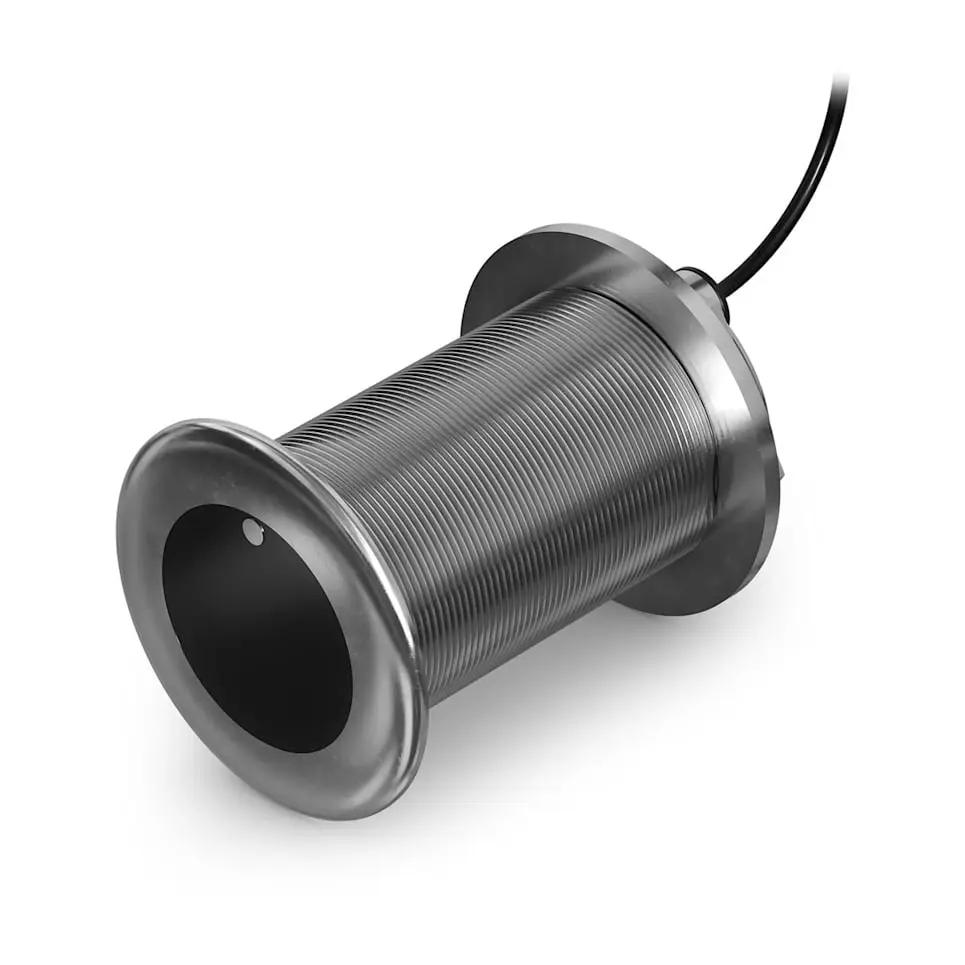Garmin GT15M-THF 20° fish finder transducer, gray metallic body with black face.