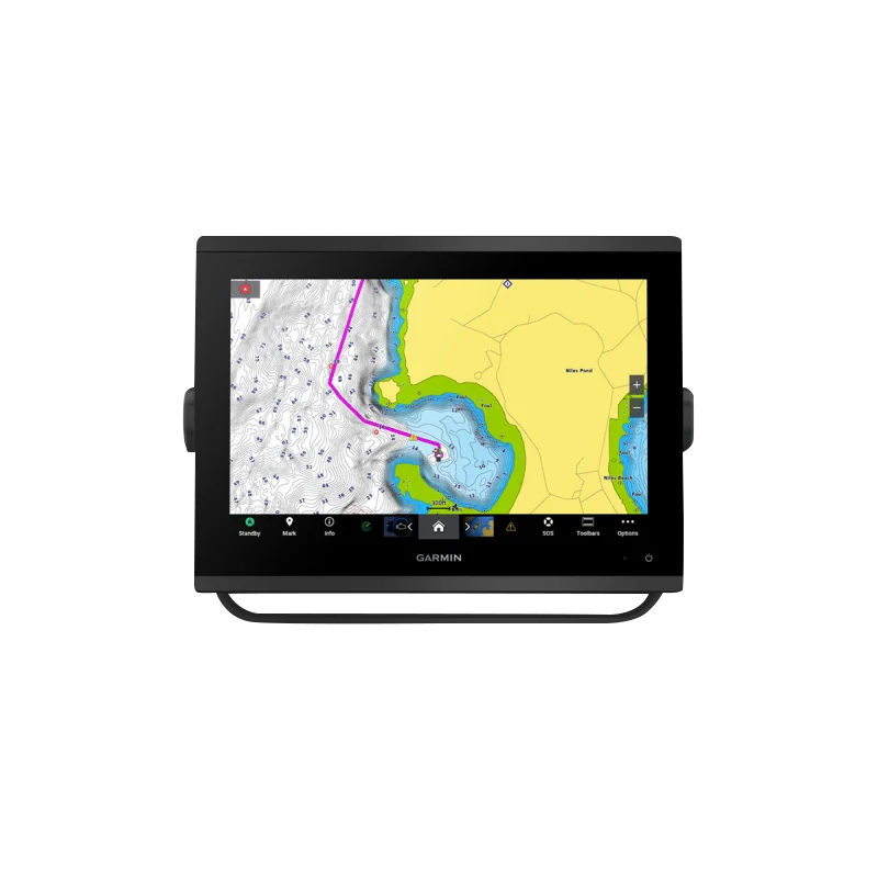 Garmin GPSMAP 1243xsv marine chartplotter with SideVü/ClearVü sonar and mapping on a black touchscreen display