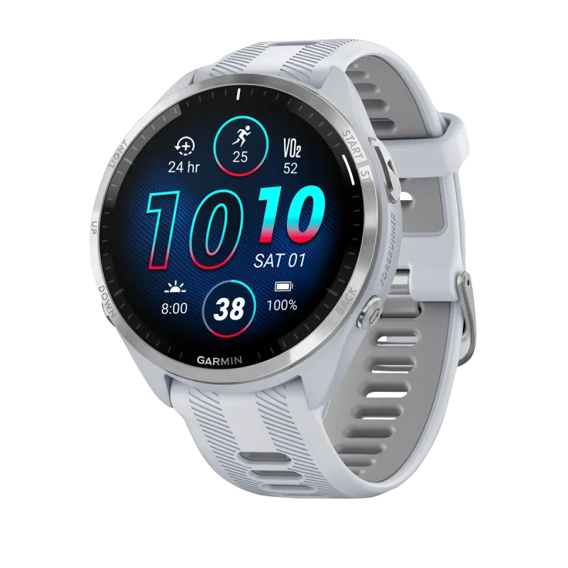 Garmin Forerunner 965 smartwatch with titanium bezel, Whitestone case, and Whitestone/Powder Gray silicone band