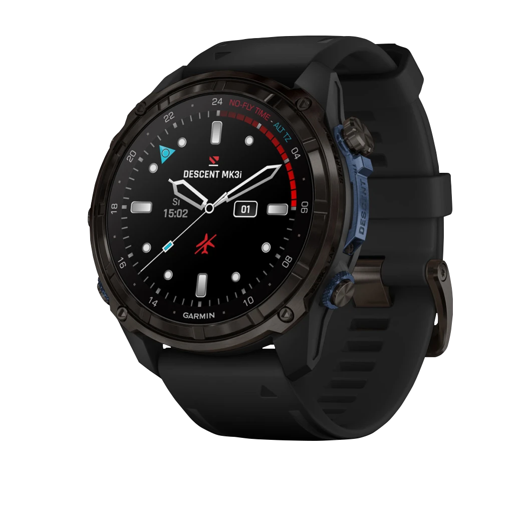 Garmin Descent Mk3i dive watch with 51 mm carbon-gray DLC titanium case and black silicone band