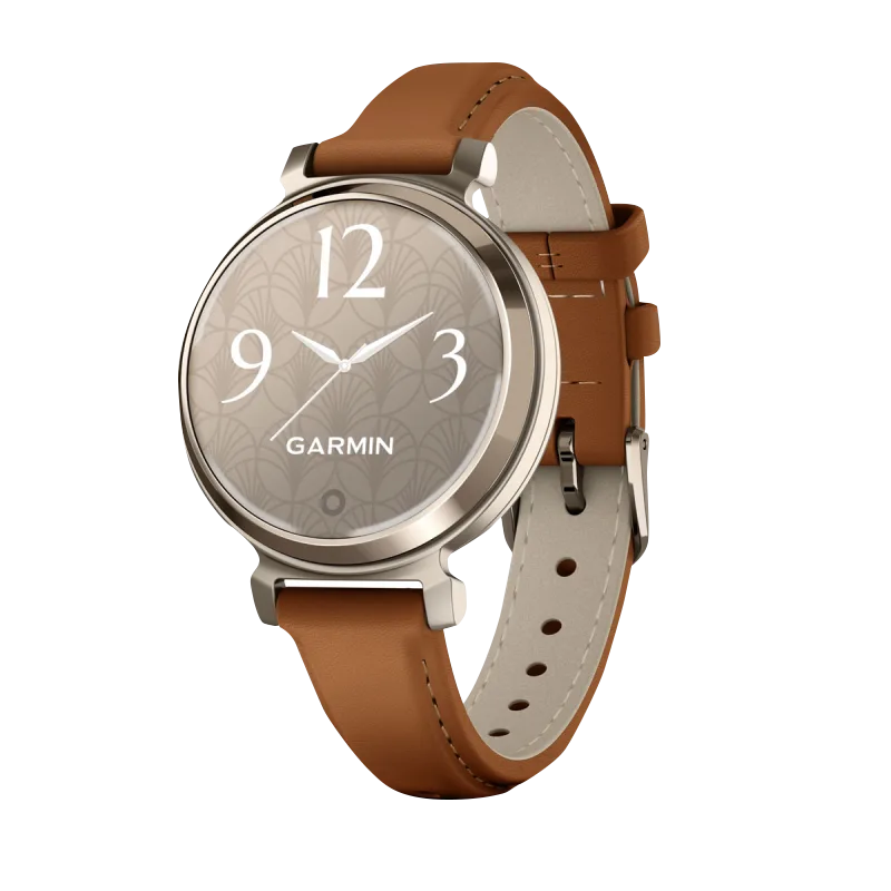 Garmin Lily 2 Classic smartwatch, cream-gold case with tan leather band, Garmin certified refurbished.