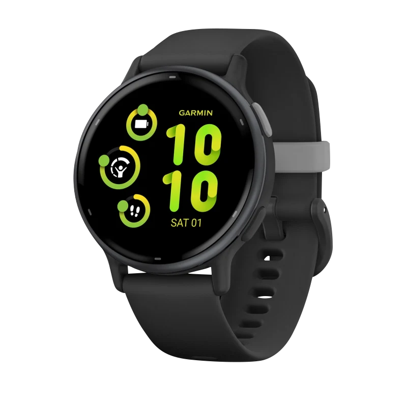 Garmin Vivoactive 5 smartwatch with slate aluminum bezel, black case and silicone band