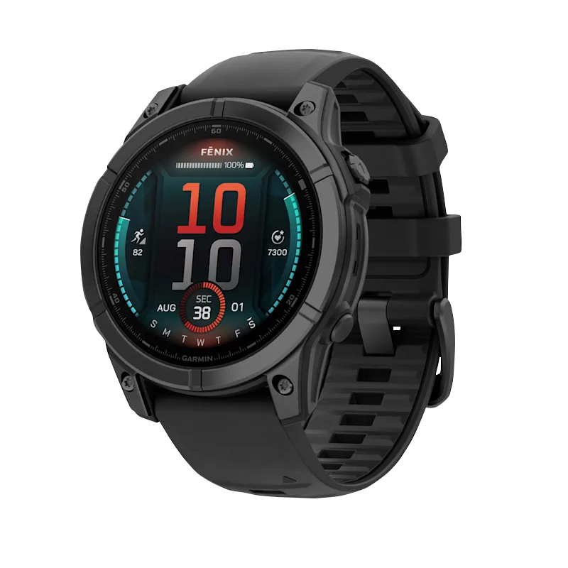 Garmin Fenix E 47 mm AMOLED smartwatch with slate-gray steel bezel and black silicone band (010-03025-03)