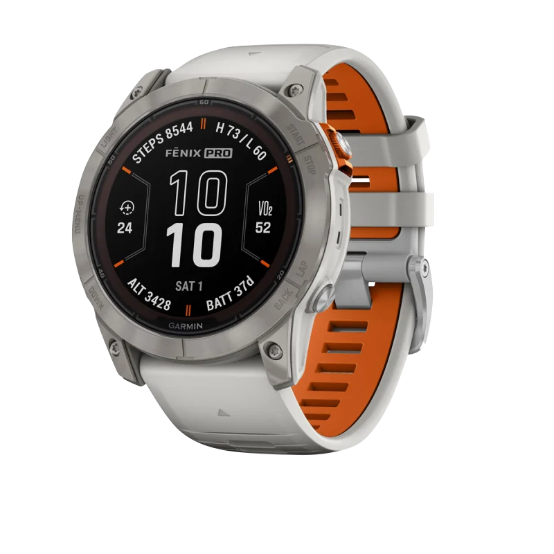 Garmin Fenix 7X Pro Sapphire Solar smartwatch with titanium bezel and Fog Gray/Ember Orange band