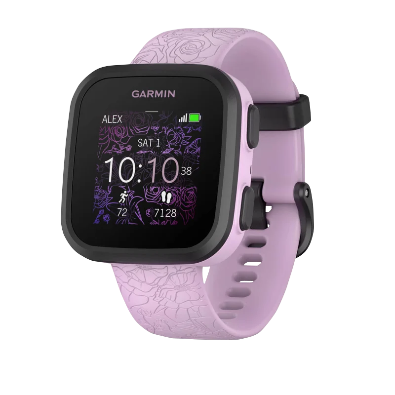 Garmin Bounce Lilac Floral smartwatch with lilac floral band and black bezel