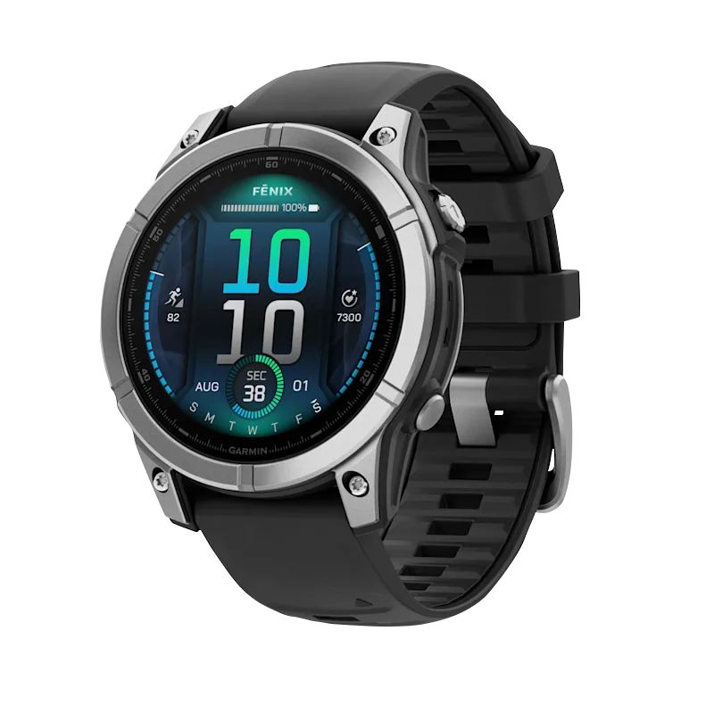 Garmin Fenix E 47mm smartwatch with stainless steel bezel and black silicone band