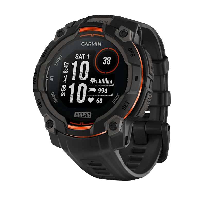 Garmin Instinct 3 Solar smart watch, 45mm, black case with black band and orange accents