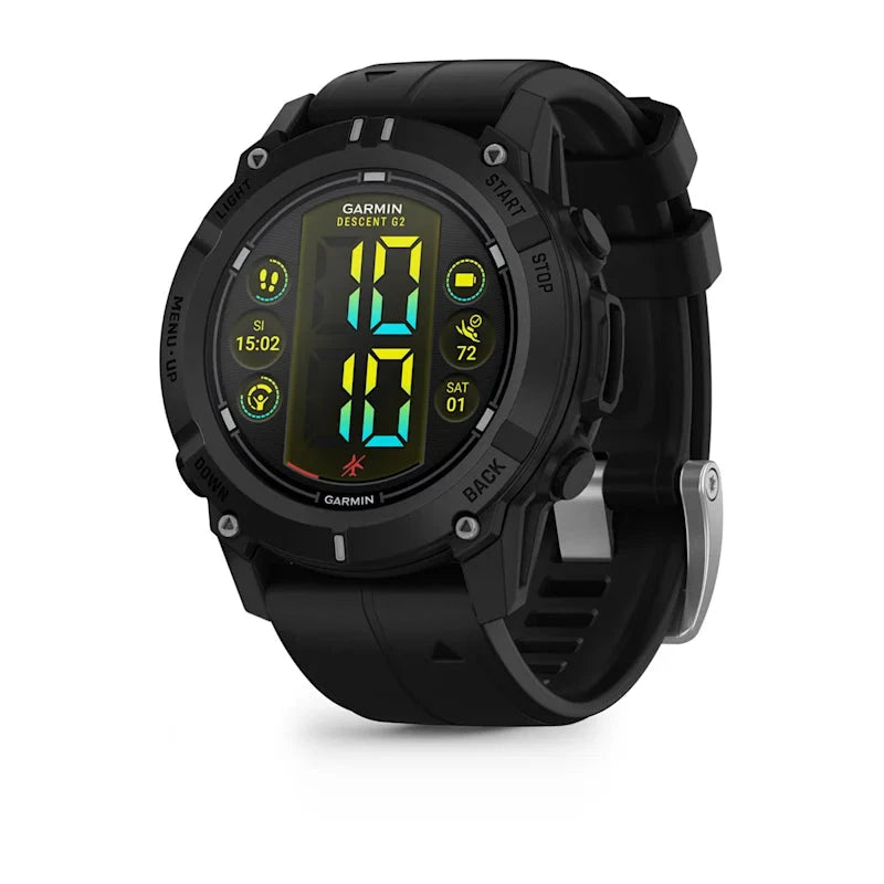 Garmin Descent G2 dive smartwatch with black band and bold display