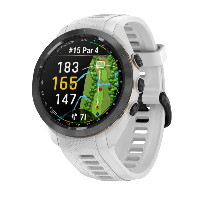 Garmin Approach S70 smartwatch, 42mm white silicone band with black/peach ceramic bezel.
