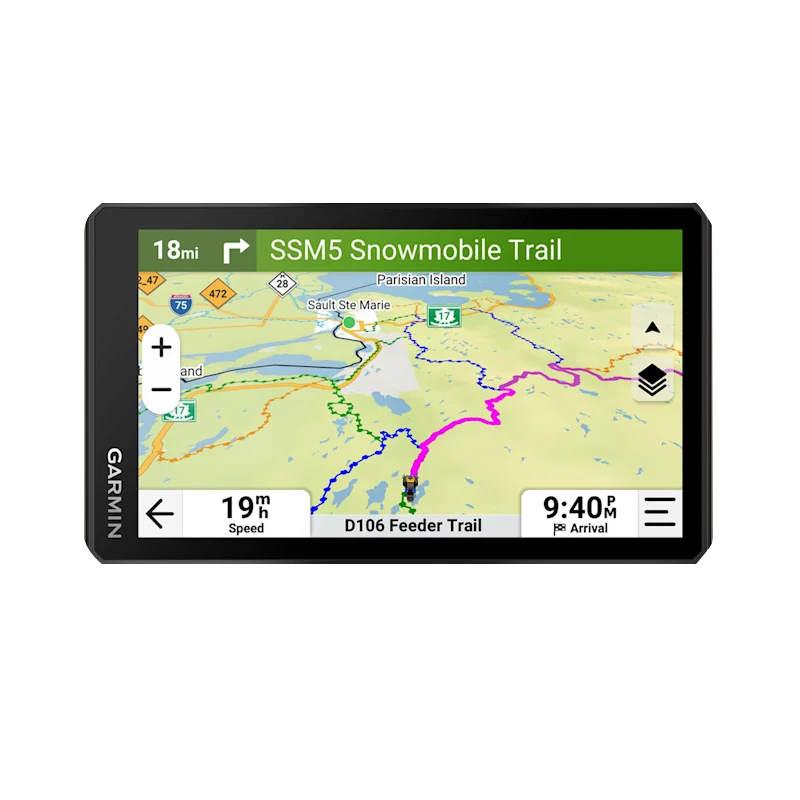 Garmin Tread 2 Powersport GPS navigator, black rugged frame with 6-inch display showing a detailed trail map