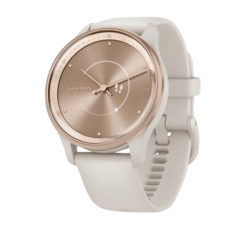 Garmin Vívomove Trend Peach Gold bezel smartwatch with ivory case and white silicone band, certified refurbished