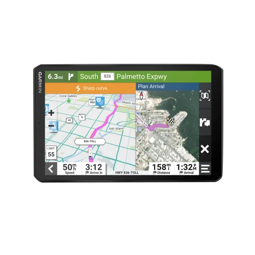 Garmin RV 895 8-inch RV navigation device with split-screen map view