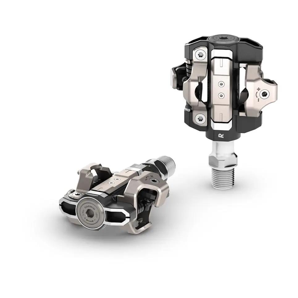 Garmin Rally XC110 single-sensing power meter pedals, two units in silver and black
