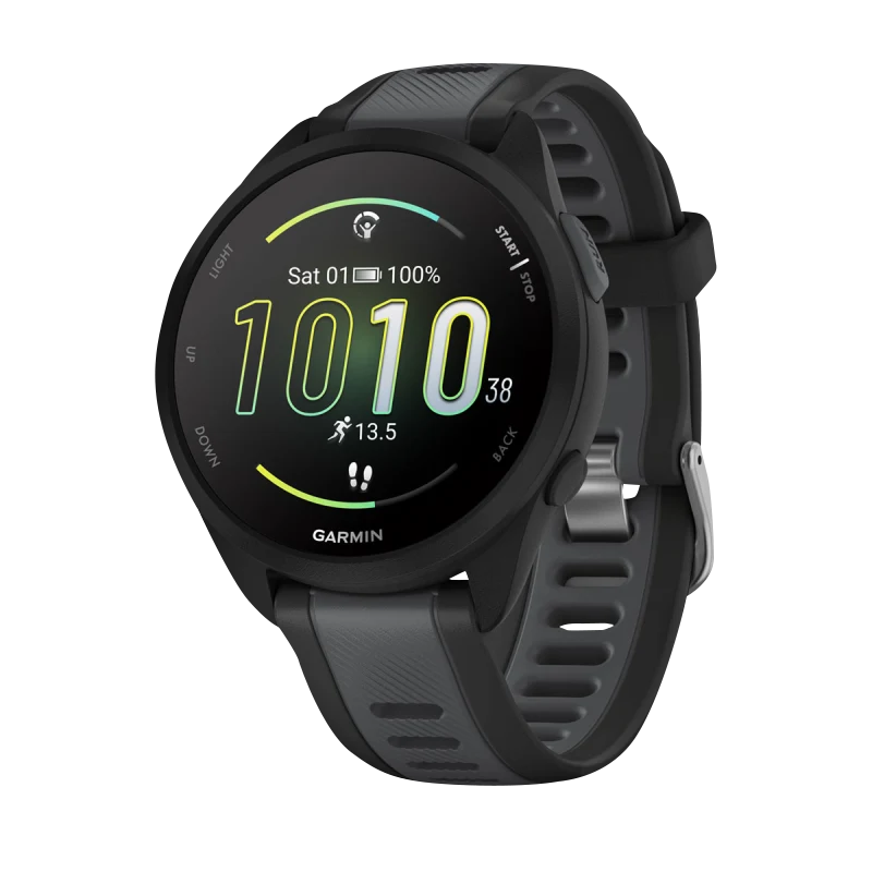 Garmin Forerunner 165 smartwatch, black and slate gray with silicone band