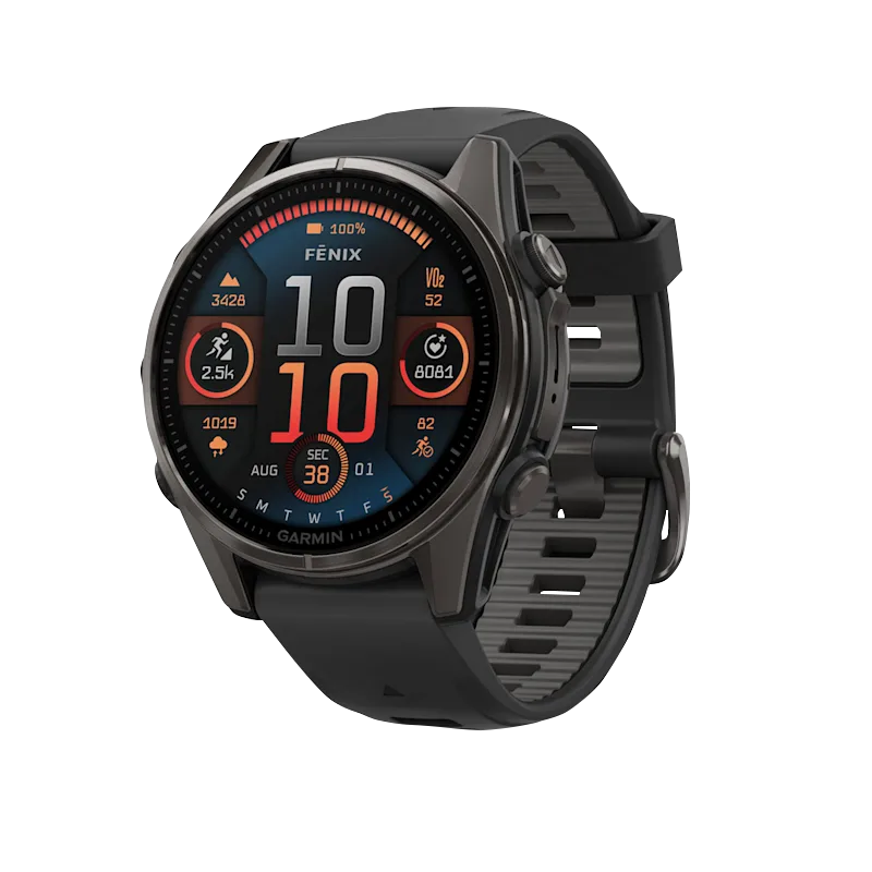 Garmin Fenix 8 AMOLED 43mm smartwatch with carbon gray DLC titanium case and black/pebble gray silicone band
