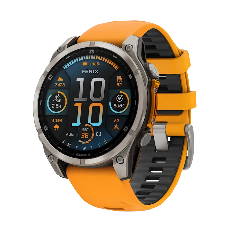 Garmin Fenix 8 smartwatch, 47 mm titanium case with AMOLED Sapphire display and Spark Orange/Graphite silicone band