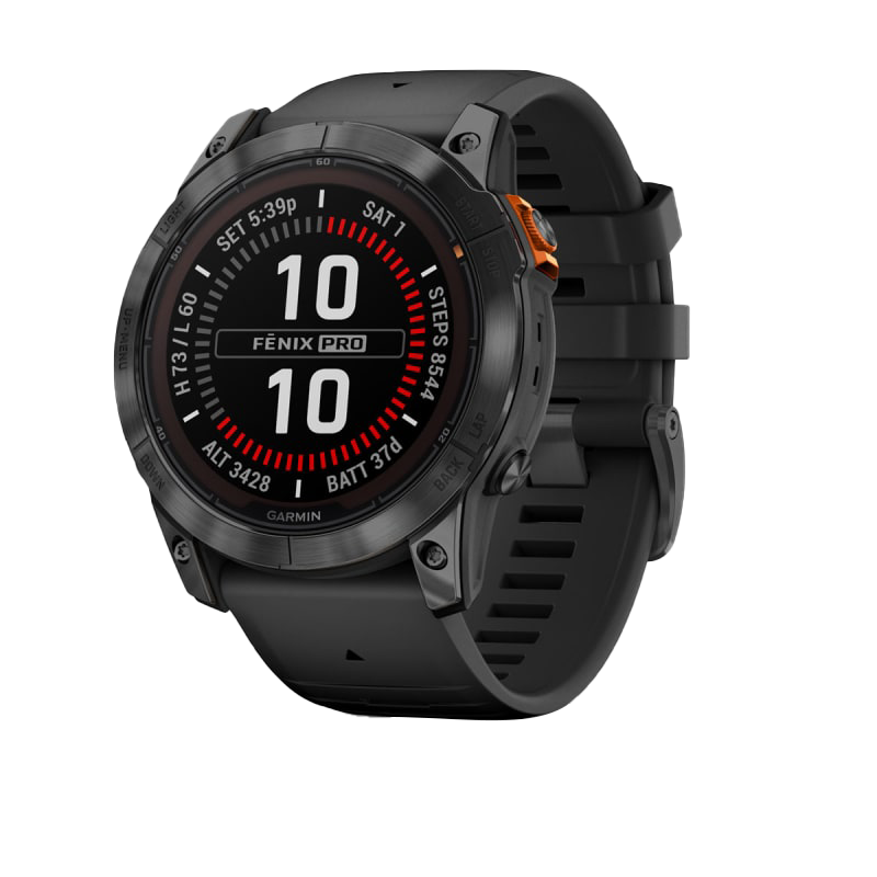 Garmin Fenix 7X Pro Solar watch, slate gray case with black band.