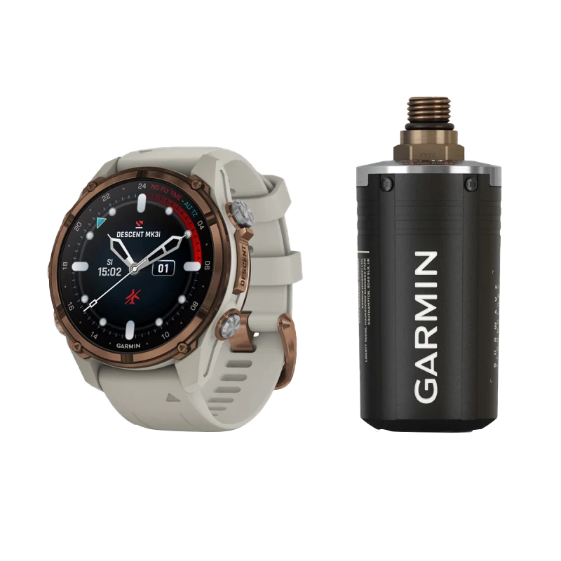 Garmin Descent Mk3i watch with bronze PVD titanium case and French Gray silicone band; includes Descent T2 transceiver
