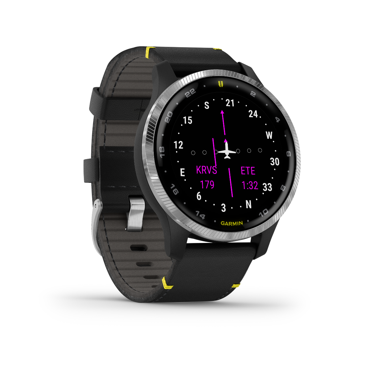 Garmin D2 Air GPS Aviator smartwatch (010-02173-41) with black strap and silver bezel, aviation navigation display