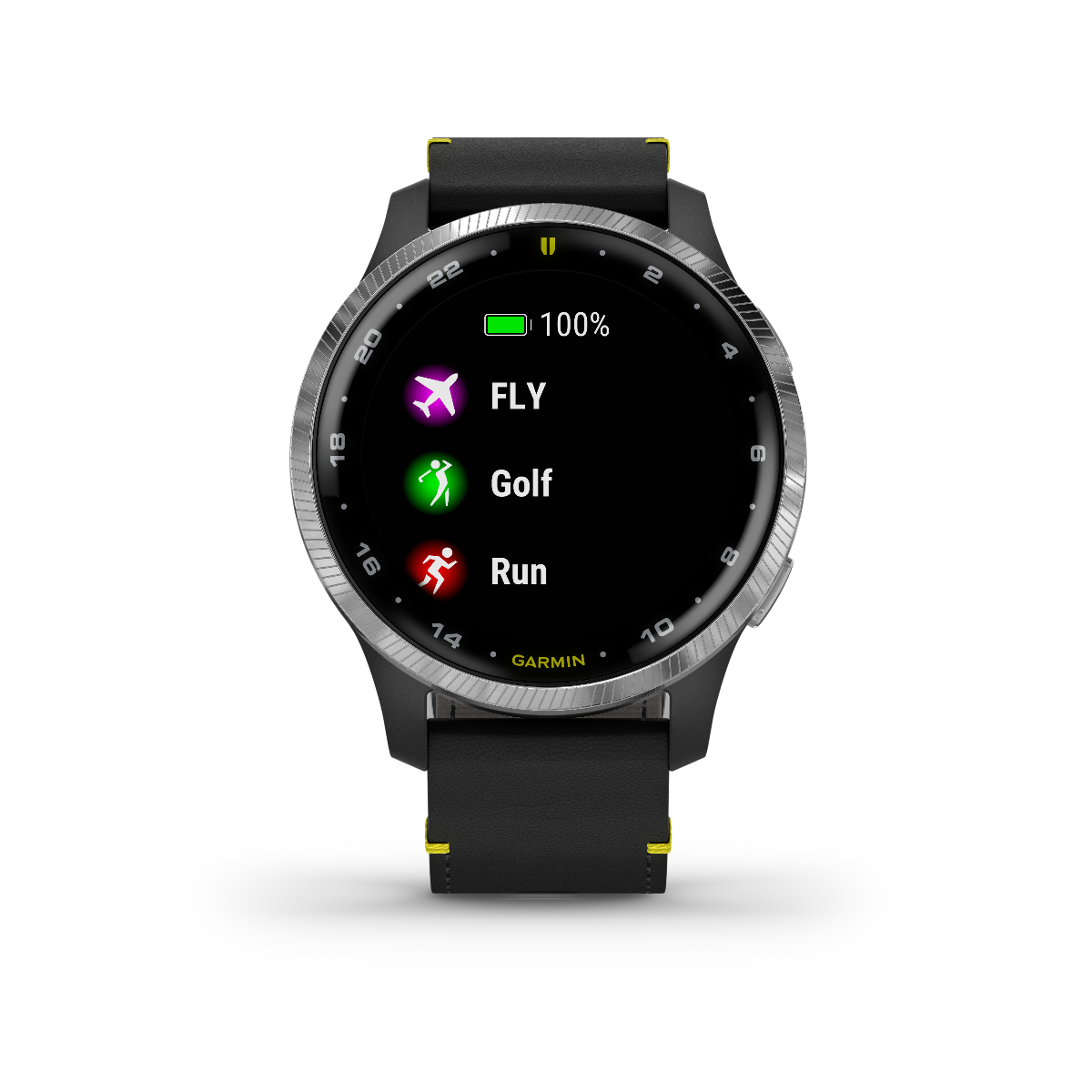 Garmin D2 Air GPS smartwatch with black strap and silver bezel displaying FLY, Golf, Run icons