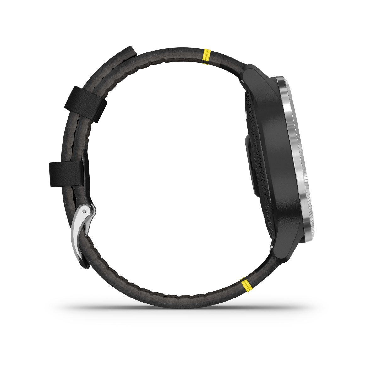 Garmin D2 Air GPS Smartwatch for pilots with black case and leather strap, side view.