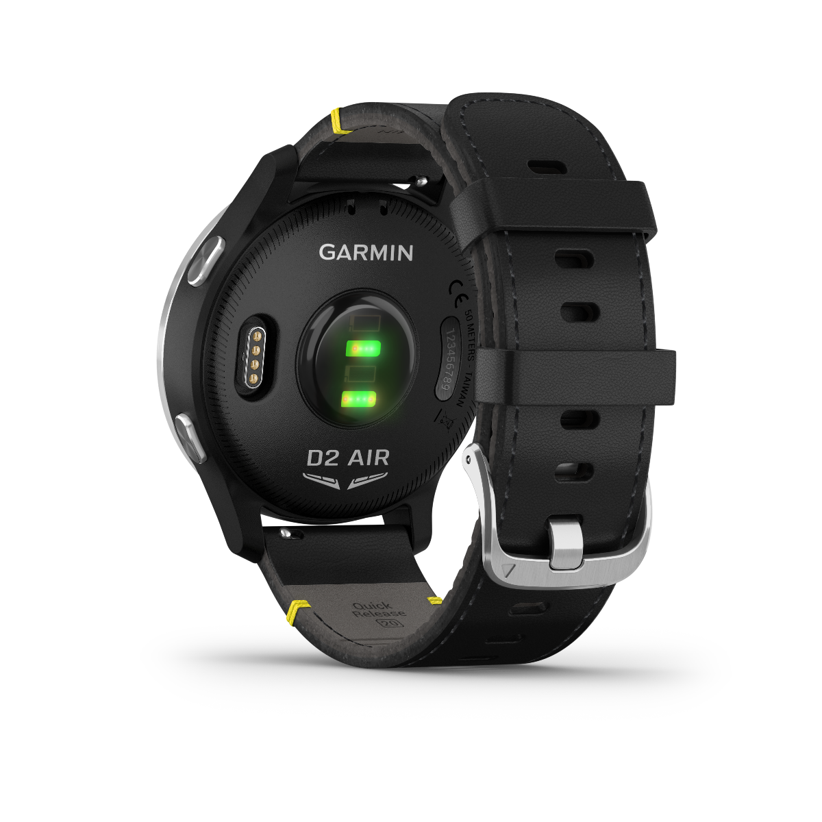 Garmin D2 Air GPS Aviator smartwatch back view with black leather strap and green charging sensors
