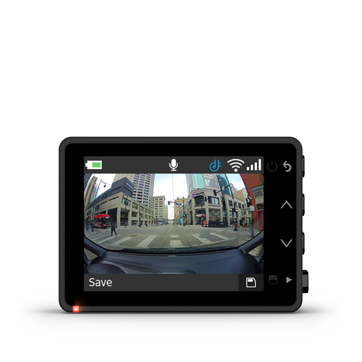 Garmin Dash Cam 67W black dashboard camera displaying live city street view on its screen