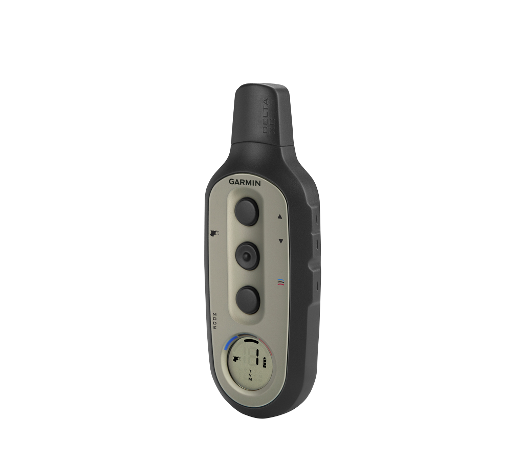 Garmin Delta Sport XC handheld remote for dog training; beige front panel with three black buttons on a gray body.