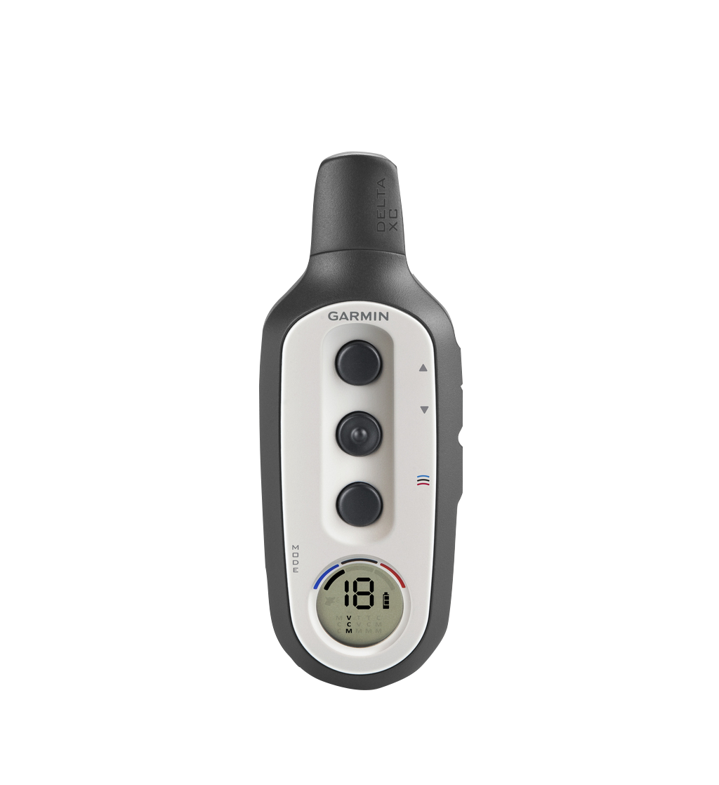 Garmin Delta XC handheld remote dog training device in gray with 3 black buttons and digital display