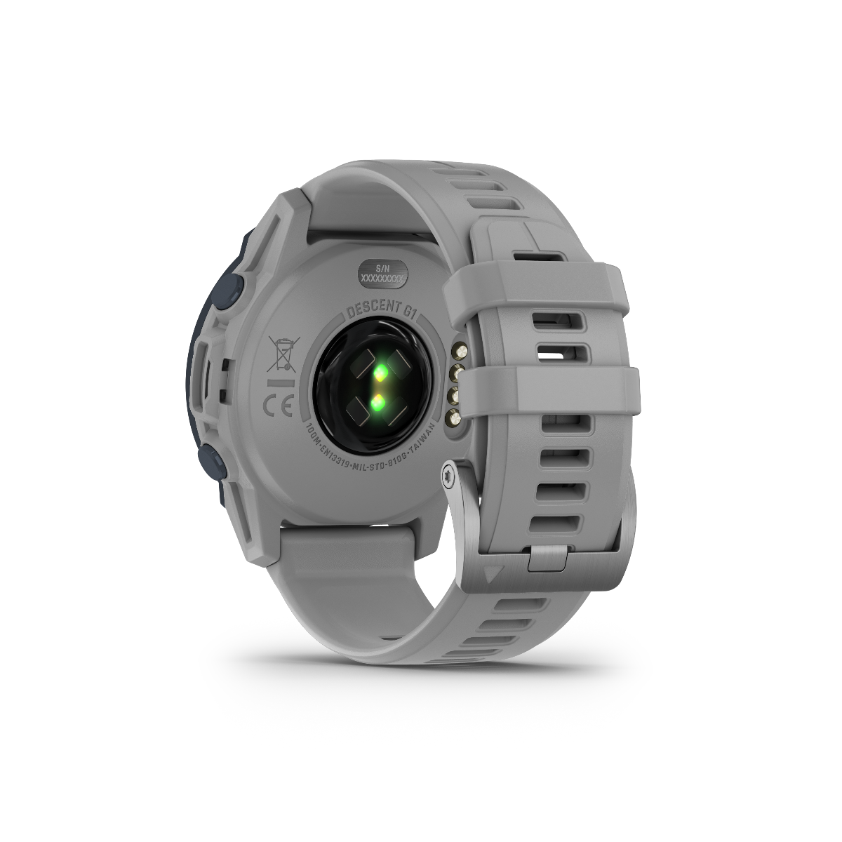 Garmin Descent G1 dive watch, powder gray strap, certified refurbished marine dive computer, back view