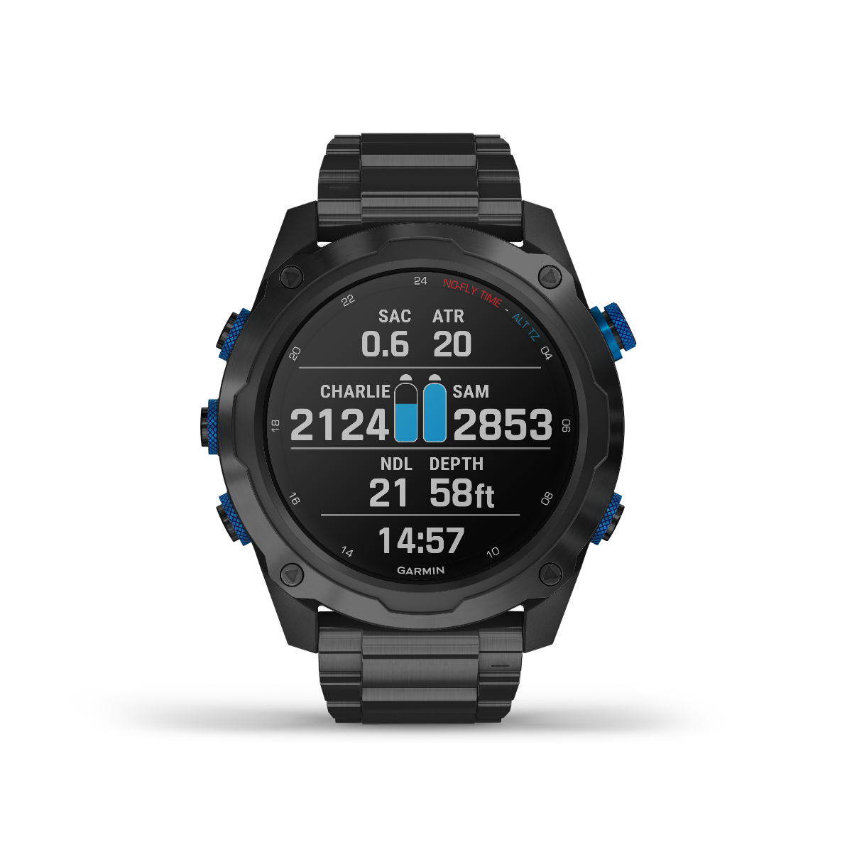 Garmin Descent Mk2i dive smartwatch, titanium carbon gray DLC case with blue accents and black band