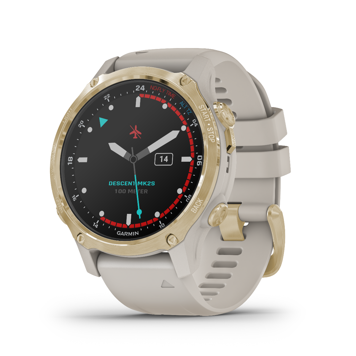 Garmin Descent Mk2S marine smartwatch with light gold bezel and light sand silicone band.