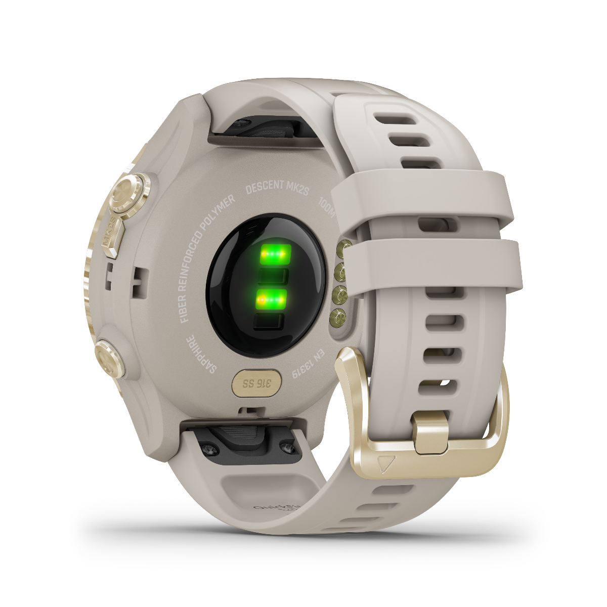 Garmin Descent Mk2S marine smartwatch with a light gold case and light sand silicone band.