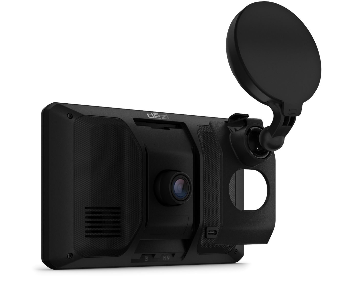 Garmin dezlCam OTR710 trucking GPS navigator in black with suction mount.