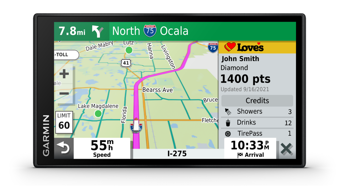 Garmin Dezl OTR610 trucking GPS navigator with 6-inch screen; map route near Ocala on I-75