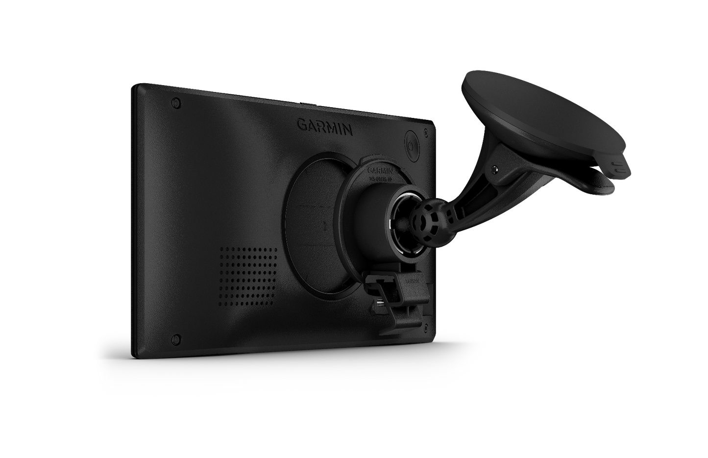 Garmin Dezl OTR610 truck GPS navigator back view with suction cup mount, black