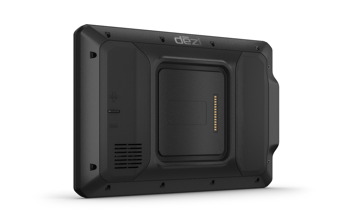 Garmin Dezl OTR810 trucking GPS navigator, black, 8-inch screen, back view