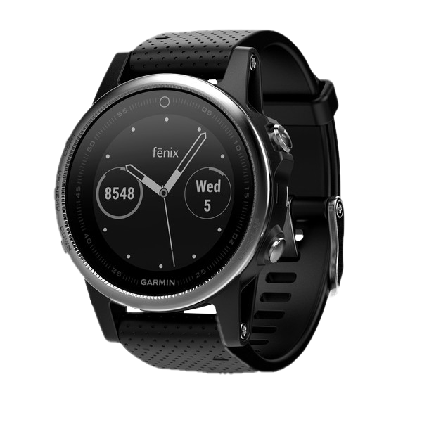 Garmin Fenix 5S GPS smartwatch, silver case with black band, refurbished.